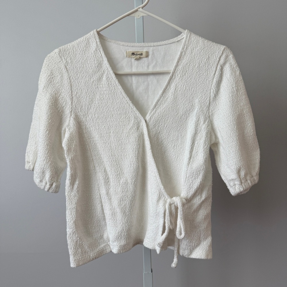 Madewell S White Wrap Top Textured Cotton Puff Sleeve Preppy Classic Minimalist